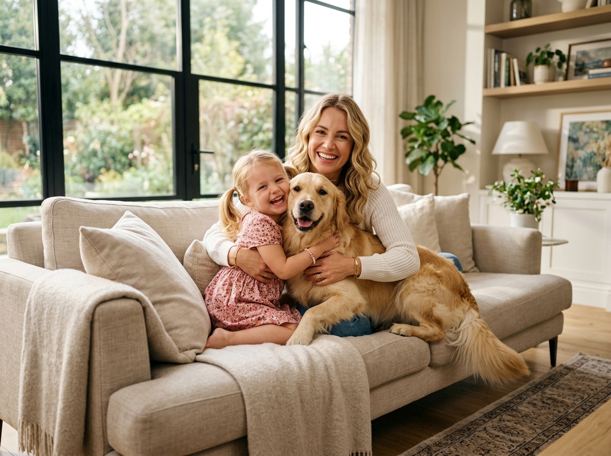 Família e cachorro em sofá de alto padrão protegido com impermeabilização HiperCatalão
